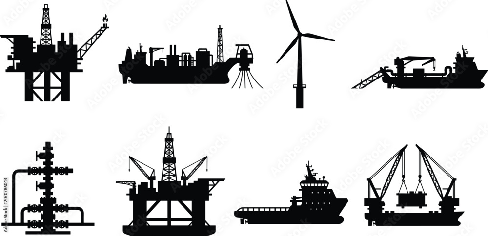 Obraz premium Offshore Energy and Marine Industry Silhouette Icons Collection for Engineering
