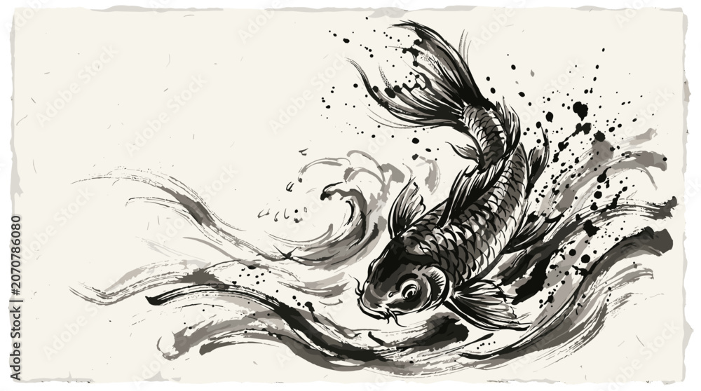 Fototapeta premium Elegant black and white koi fish swimming gracefully in traditional ink wash painting style