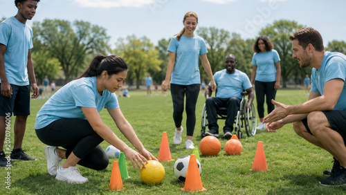 Youth volunteers organizing inclusive outdoor sports activity