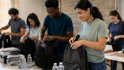 Young volunteers assembling emergency preparedness kits for community resilience