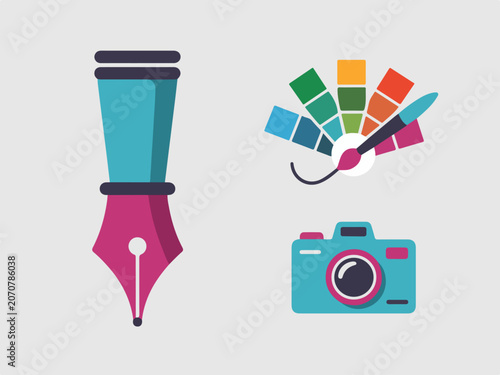 Collection of graphic design icons including a fountain pen color palette and camera flat vector illustration for creative concepts and digital art