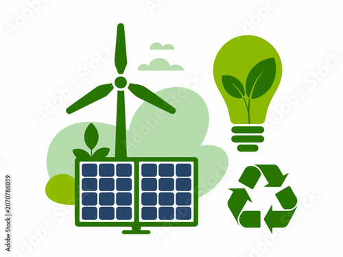 Green energy concept with solar panels wind turbine and lightbulb with leaves vector illustration for eco-friendly technology and sustainability