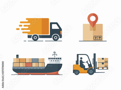 Set of logistics and delivery icons including truck cargo ship forklift and package with location pin flat vector design for shipping and transportation concepts