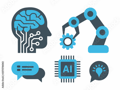 Artificial intelligence and robotics icons representing AI machine learning and automation for technology concepts isolated on white