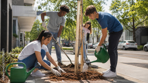 Youth volunteers caring for newly planted street trees in city neighborhood