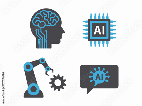 Set of AI and technology icons including a human head with brain circuits CPU chip robotic arm with gear and speech bubble with AI symbol flat vector design for digital concepts