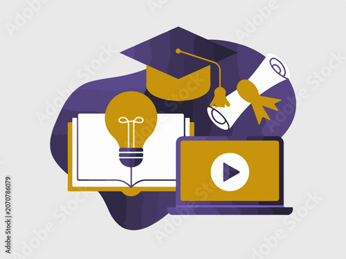 Graduation cap diploma open book and laptop with play button representing online education and learning flat vector illustration