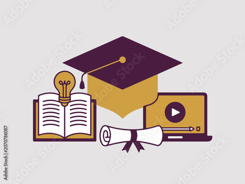 Graduation cap open book with lightbulb diploma scroll and laptop with play button representing education and online learning flat vector illustration
