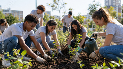 Young volunteers planting trees in urban community garden for International Youth Day