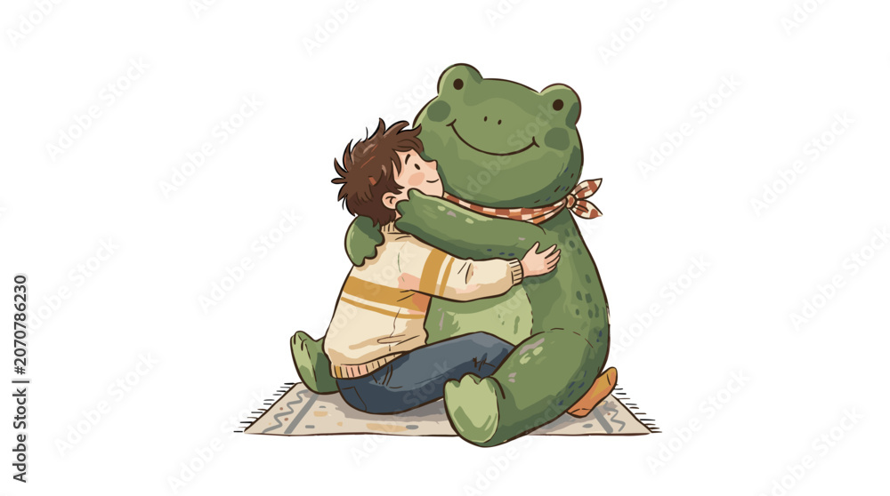 Obraz premium Child hugging a large friendly cartoon frog character sitting on the ground