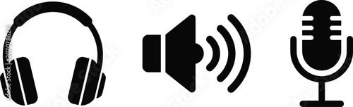 Obraz na płótnie Audio equipment icon set featuring black minimalist headphones speaker with soun