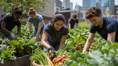 Youth volunteers harvesting vegetables in urban community garden
