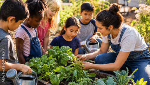 Young mentor teaching students sustainable gardening in school garden