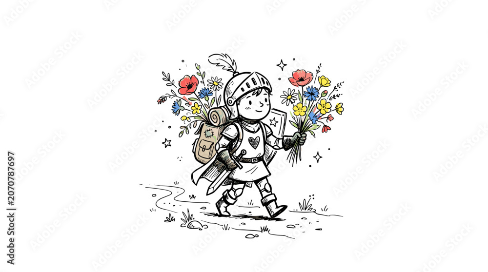 Obraz premium Cute handdrawn girl with flowers in winter coat and hat walking outdoors on a snowy day