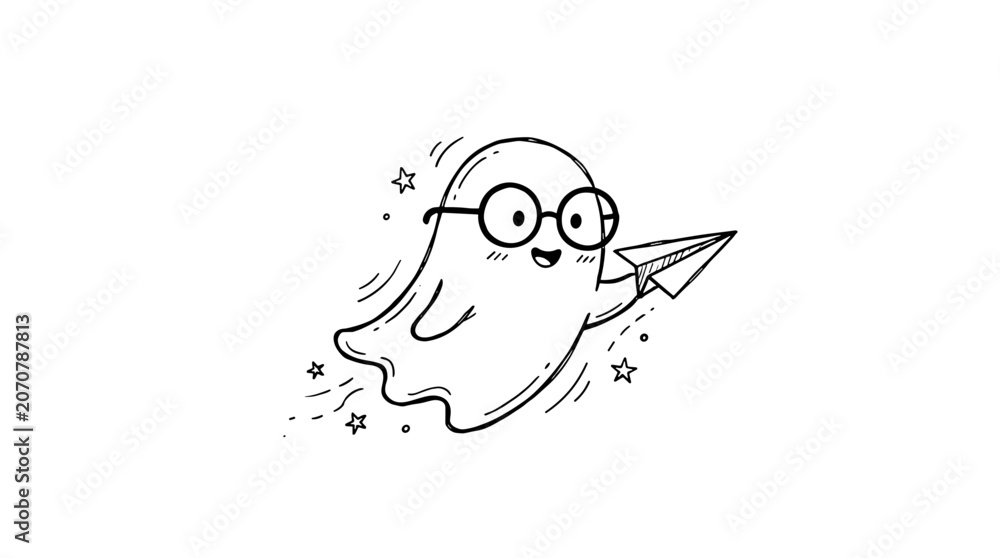 Obraz premium Cute cartoon ghost flying with paper airplane on for halloween or fun design