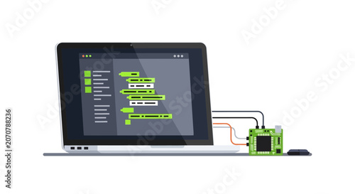 Flat Vector Illustration of Laptop Coding Interface Connected to a Microcontroller Circuit Board for IoT and Embedded Software Development Prototyping