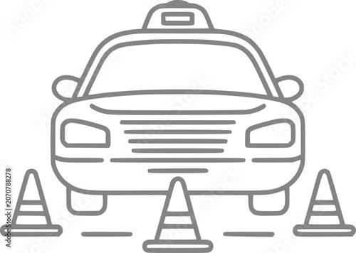 Canvastavla Taxi driving test with cones, of a car and traffic cones