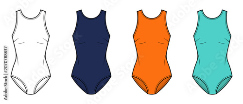 womens sleeveless athletic bodysuit leotard technical drawing flat sketch vector illustration template. isolated on transparent background cad mockup.