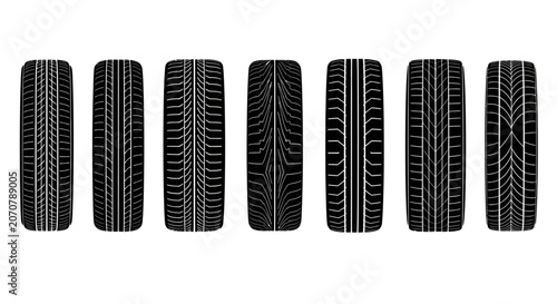 Seven different car tire designs.