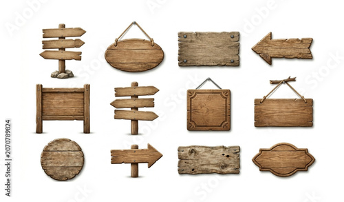 Tableau sur toile Wooden Sign Icons Set with Vintage Signposts and Directional Plank Boards Realis