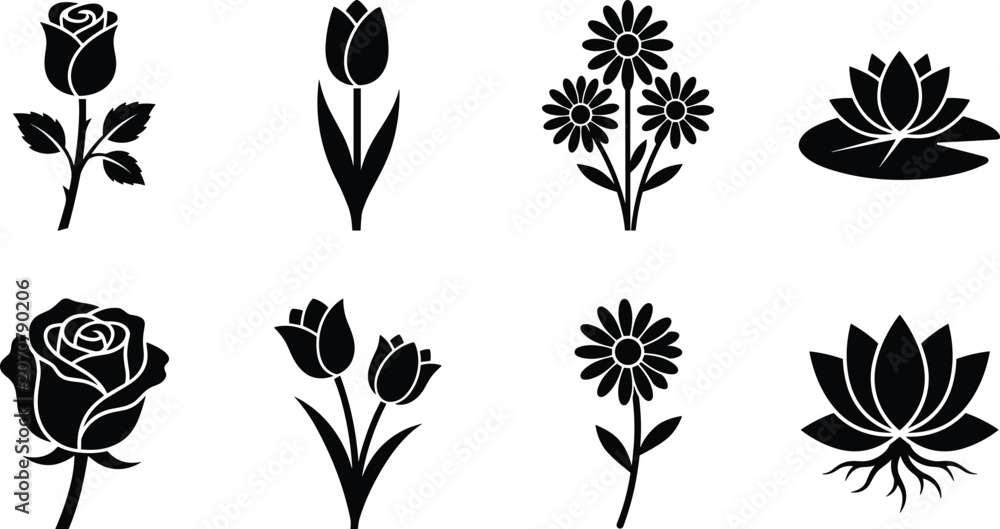 Obraz premium Art & IllustrationCollection of elegant flower black silhouettes and flat icons isolated on a white background for creative design