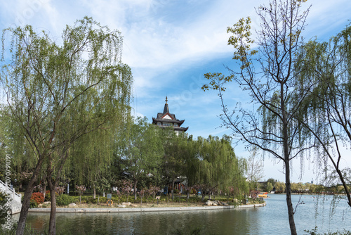 Pagoda Tower in Lakeside Park with Willow Trees