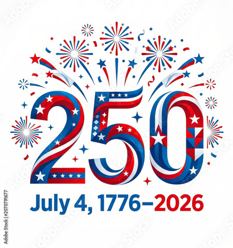 America 250 Celebration with Fireworks and Stars. July 4 1776-2026 United States Semiquincentennial Patriotic Design