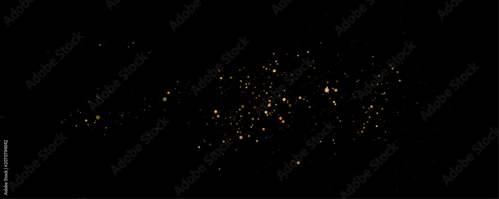 Fototapeta premium Yellow highlights, sparkle and particle on dark bokeh background. Gold night glitter dust, magical stardust, star and glare. Glow, shimmer, sparks, twinkle, flare, lens flare, vector illustration.