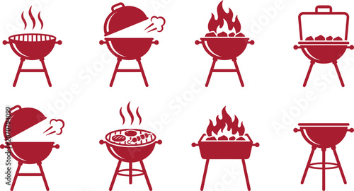 Set of barbecue grill icons, kettle and rectangular charcoal grills with flames, smoke, and food isolated