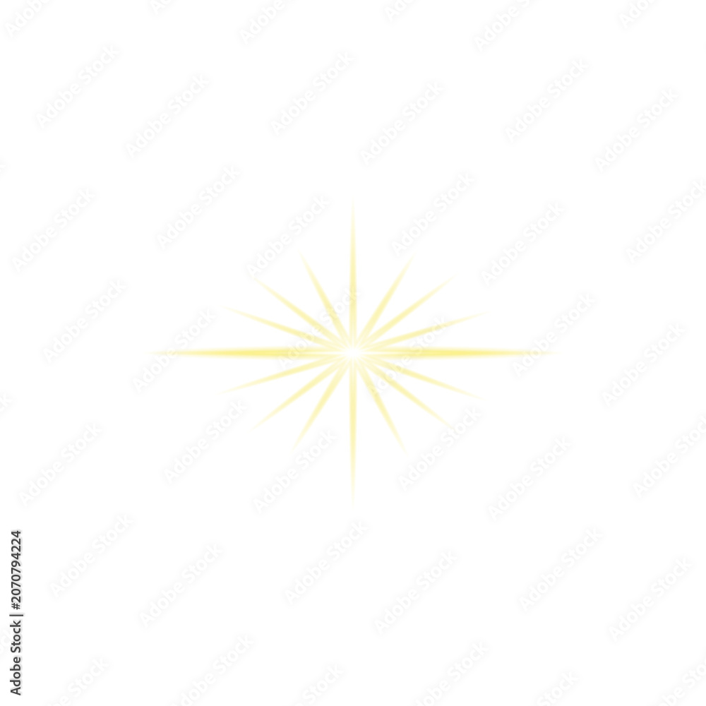 Obraz premium a stylized, glowing, light yellow starburst or lens flare effect, featuring a bright center with thin, radiating beams of light set against a white background.