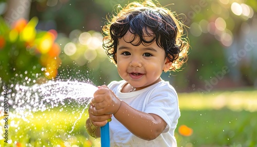 Child Playing with Water Hose.