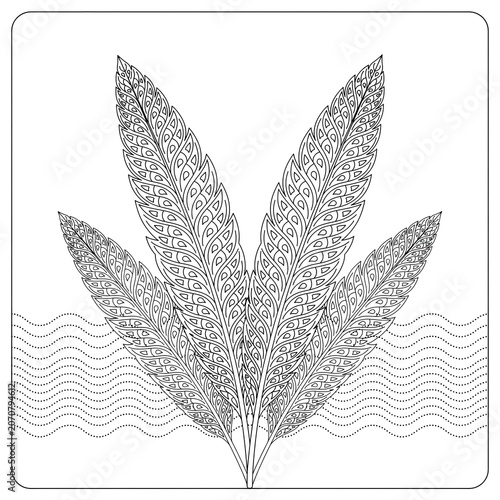 Intricate feather bundle line art on wavy background style.