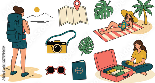 Photos Summer travel and vacation vector icon set featuring packing backpack hiking bea