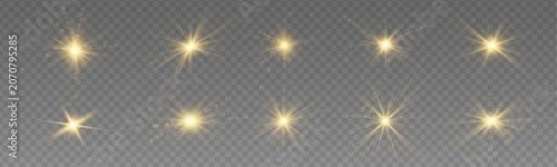 Canvas Print Set of gold star light, sun flare, bright sunlight rays on transparent background