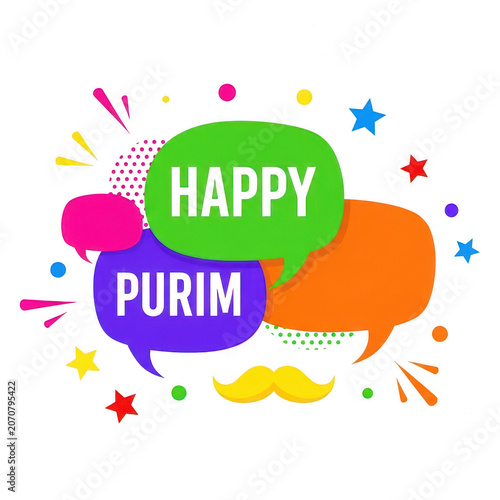 Happy purim celebration greeting with colorful speech bubbles