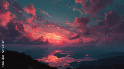 Sunset Sky Clouds Mountain Lake Fog Pink Reflection Nature Landscape Dramatic Scenic Calm Atmospheric