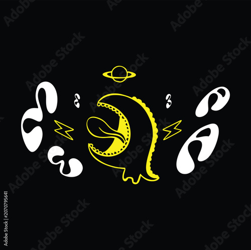 Cute cartoon monster with planet and lightning bolts.