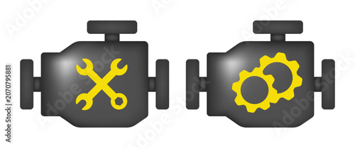 Engine repair. Vector 3d icons isolated on white background. Hand drawn.