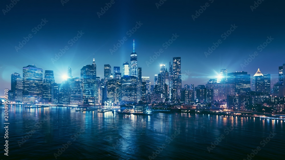 Obraz premium New York City's Lower Manhattan skyline at night, illuminated skyscrapers reflecting on the river, capturing urban life and business