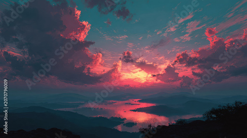 Sunset Sky Clouds Mountain Lake Fog Pink Reflection Nature Landscape Dramatic Scenic Calm Atmospheric