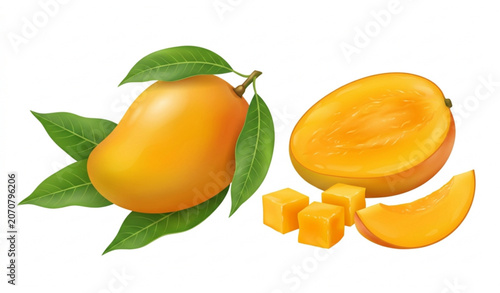 Botanical mango with leaves and sliced fruit vector illustration isolated on white background