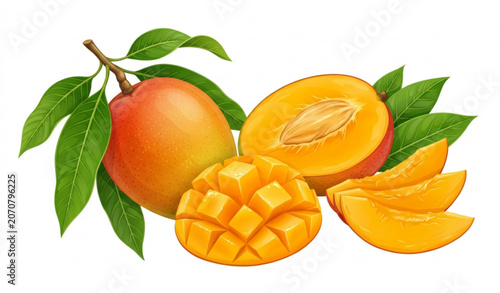 Botanical mango with leaves and sliced fruit vector illustration isolated on white background