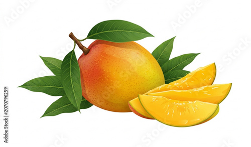 Botanical mango with leaves and sliced fruit vector illustration isolated on white background