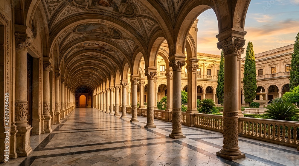 Obraz premium Timeless Cloister Walkway: Ornate Architecture and Garden View