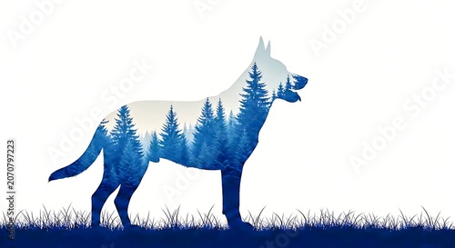 A majestic wolf silhouette with a forest landscape within its outline isolated on white background