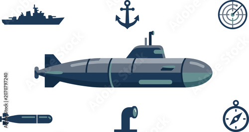 Canvastavla Military submarine vector illustration with battleship silhouette anchor radar t