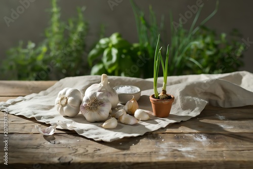 Garlic bulbs and cloves on a wooden table with a small potted plant and bowl of salt  a kitchen scene with fresh produce and ingredients for cooking