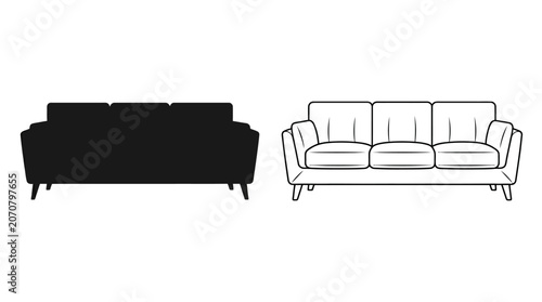Canvastavla Sofa Silhouette And Outline Black And White Linear Illustration