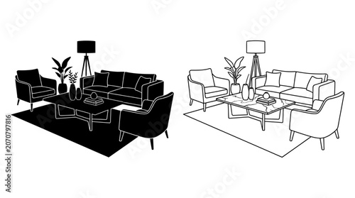Bild auf Leinwand Living Room Furniture Arrangement Black And White Line Drawing