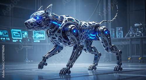 A futuristic robotic dog with a sleek, metallic design stands on a reflective surface. isolated on white background